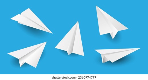 Set Realistic White Paper Plane 3D Model. Different kind paper plane isolated on blue background — Stock Vector, Banner	