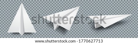 Set realistic white paper plane 3D model jet. Different view paper airplane isolated on transparent background – stock vector