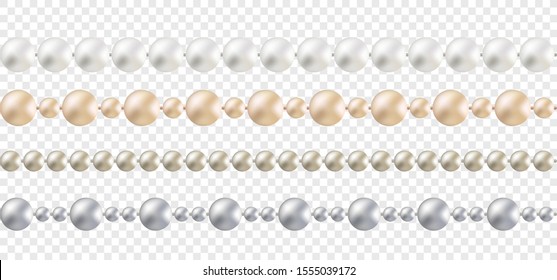Conjunto de cadenas realistas de cuentas blancas, melocotón, plata y platino aisladas sobre fondo blanco. Tejido brillante de perlas en 3d. Ilustración vectorial de elemento decorativo para web, impresión, decoración