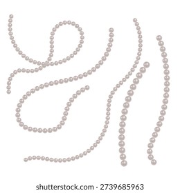 Set of realistic white pearl strings and necklaces of various shapes and lengths. Perfect for wedding invitations, luxury jewelry branding, feminine beauty products, fashion accessories illustration, and elegant decorative borders