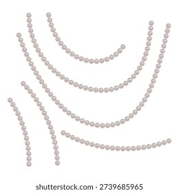 Set of realistic white pearl strings and necklaces of various shapes and lengths. Perfect for wedding invitations, luxury jewelry branding, feminine beauty products, fashion accessories illustration, and elegant decorative borders