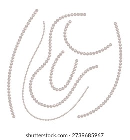Set of realistic white pearl strings and necklaces of various shapes and lengths. Perfect for wedding invitations, luxury jewelry branding, feminine beauty products, fashion accessories illustration, and elegant decorative borders