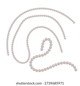 Set of realistic white pearl strings and necklaces of various shapes and lengths. Perfect for wedding invitations, luxury jewelry branding, feminine beauty products, fashion accessories illustration, and elegant decorative borders