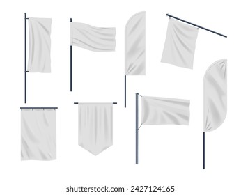 Set Of Realistic, White Pennants And Flags 3d Vector Mockups. Isolated Blank Banner Template For Advertising Designs