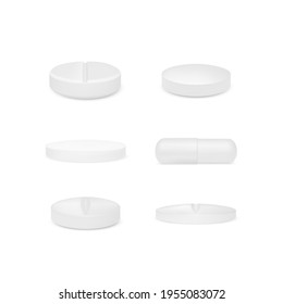 Set of realistic white pills. 3d render medicine drugs or vitamins. Vector illustration