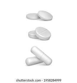 Set of realistic white pills. 3d render medicine drugs or vitamins. Vector illustration isolated on white background