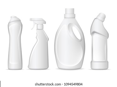 Set Of Realistic White Plastic Bottles For Liquid Laundry Detergent, Bleach, Fabric Softener, Dishwashing Liquid Or Another Cleaning Agent. Easy To Place Your Text And Brand Logo. Vector Illustration