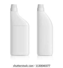 A set of realistic white plastic bottles for gel-cleaning the toilet, sinks, tiles. Object, shadow and reflection on separate layers. Vector illustration