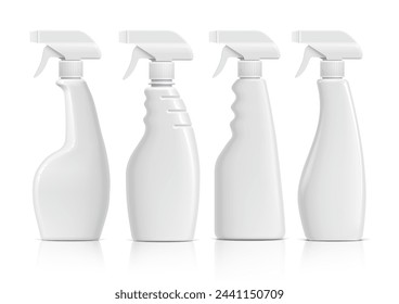 Set Botellas de plástico blancas realistas pueden rociar la pistola. Objeto, sombra y reflejo en capas independientes. Ilustración de vector
