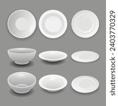 Set of realistic White plate, dish and food ceramic bowl with different angles view or transparent bowl glasses or kitchenware equipment for restaurant, Empty clean ceramic or porcelain dinner plates.