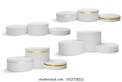 Set of realistic white podium, pedestal. Vector illustration.