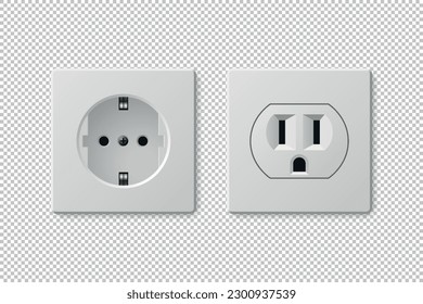 Set of realistic white power plug sockets type B and type C. Vector illustration isolated on transparent background.