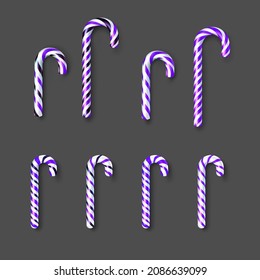 Set of realistic white and purple candy canes. Light grey background. Vector holiday illustration.