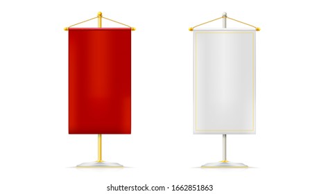 Set of realistic white and red pennons hanging on stand. Icons isolated on white. Vector 3d illustration