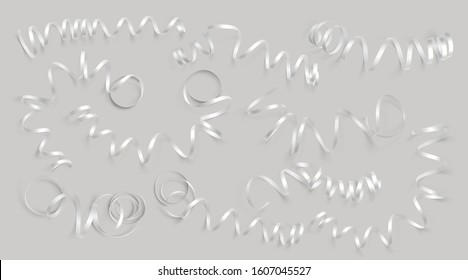 Set of realistic white ribbons on grey background. Can be used for greeting card, holidays, banners, gifts and etc. Vector illustration.