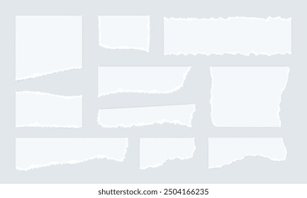 Set of realistic white ripped paper strips. Torn paper sheets collection isolated on grey background. Sticker mockup.