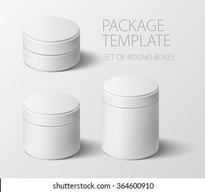Set of realistic white round package box for products, isolated on white background, vector illustration. EPS 10