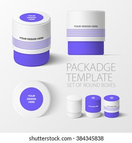 Set of realistic white round package box for products, isolated on white background, vector illustration. EPS 10