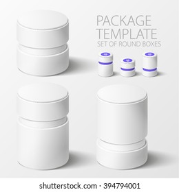 Set Of Realistic White Round Package Box For Products, Isolated On White Background, Vector Illustration. EPS 10