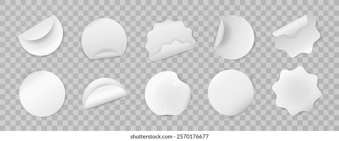 Set of realistic white round stickers. Isolated blank paper sheets with curved and wavy edges on background. Elements for notes, mockups, planners, and journaling. Various vector badges, sticky notes.