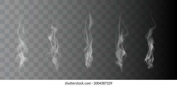 Set of realistic white smoke steam isolated on transparent background. Vector illustration