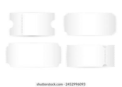 Set realistic white template of coupon, ticket, boarding pass,voucher with one stub rip line and shadow.