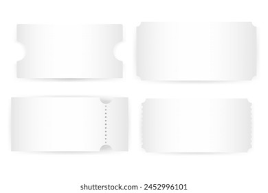 Set realistic white template of coupon, ticket, boarding pass,voucher with one stub rip line and shadow.