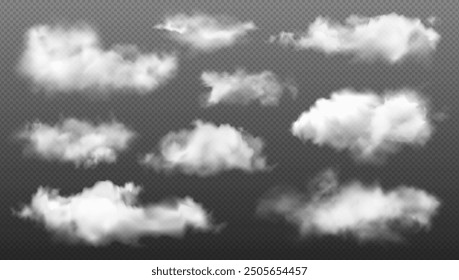 Set of realistic white transparent cloud, nature sky, fire smoke, fog and weather symbol with overlay texture isolated on black background. Food smoke silhouette, summer cloud pattern, cyberspace art.