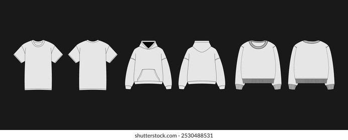 Set of realistic white t-shirt, sweatshirt, and hoodie base cloths isolated on background. Blank mockups for branding in men's or women's fashion. Ideal casual design templates