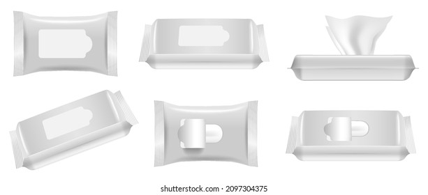 set of realistic white wet wipe napkins or white packaging wet wipe isolated or blank template wet wipe. eps vector