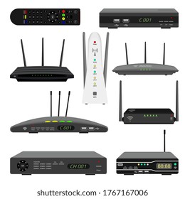 Set of realistic Wi-Fi routers and digital television receivers. Satellite receiver and TV remote control. Devices for wireless distribution of the Internet. Vector EPS 10.