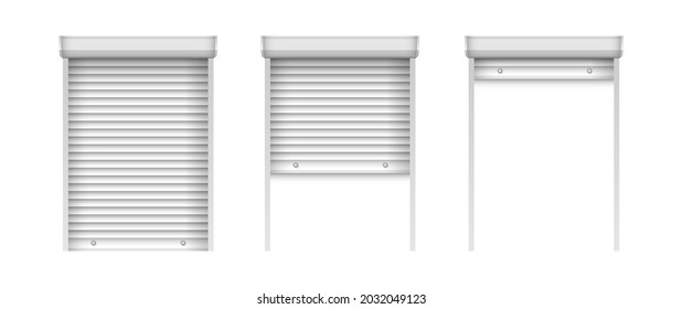 Set of realistic window blinds. Horizontal plastic window shutters. Closed and open jalousie mockup template