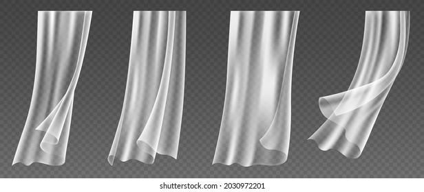 Set of realistic window curtains blowing on wind, fluttering white cloths of transparent textile, soft lightweight clear material. 3d vector illustration