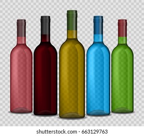 Set of realistic wine bottle on a transparent background. Shiny wine or champagne bottle  vector illustration.