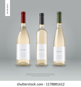 Set of realistic wine bottles on gradient background. Different sorts of wine bottles. Vector illustration.