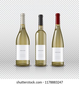 Set of realistic wine bottles on transparent background. Different sorts of wine bottles. Vector illustration.