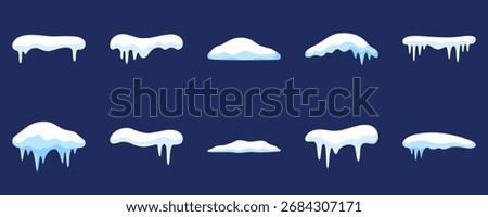 Set of realistic winter snow caps vector elements. Isolated on transparent background. Set of various frozen snow and ice elements, perfect for decorating roofs, text, or frames for a winter theme