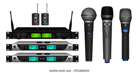 set of realistic wireless microphone or microphone transmitter receiver or module wireless microphone dual channel mic concept. eps 10 vector, 

