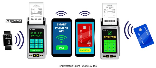 set of realistic wireless nfc payment machine terminal isolated or credit card pos with receipt or payment point touchscreen machine for use in supermarket and marketplace concept. eps vector