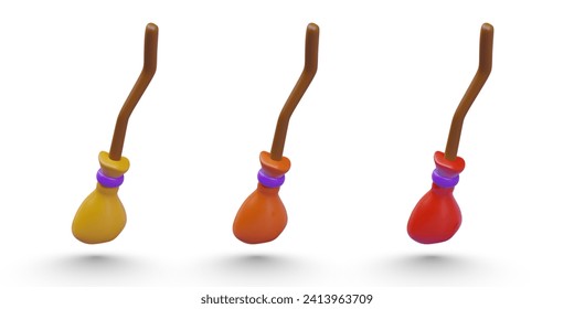 Set of realistic witches brooms in bright colors. Magical flying vehicle. Wizards tool. Isolated vector illustration for Halloween. Fairytale accessories