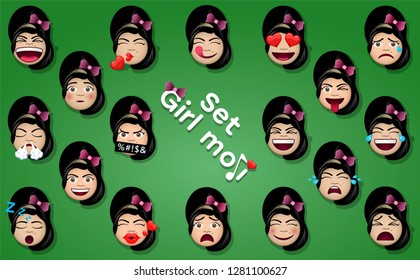 Set of Realistic Woman. Realistic Emoticons. Set of Female Emojis. Smile icons. Isolated Vector Illustration on Green Background