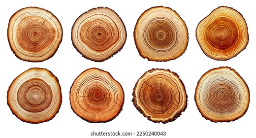 Set of realistic wood slices. Round cuts of logs. Wooden elements with place for your text. Vector illustration