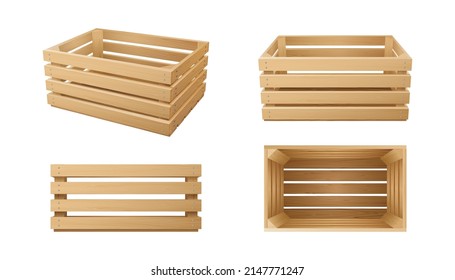 Set of realistic wooden boxes, baskets for transportation and delivery of food, goods, fruits, vegetables and products. 3d brown timber crates isolated. Vector illustration