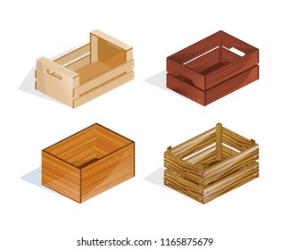 Set of realistic wooden boxes, packages, with open top. Boxes, containers, for storage and transportation of products, goods. Vector illustration isolated in isometric style.