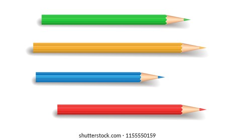 Set of Realistic Wooden Colour Pencils, Isolated on White Background, Office Supplies Stationery, Back to School Items, Elements for Your Design, Education Concept, Hand Drawn, Vector 3D Illustration