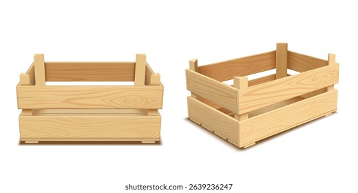 Set of realistic wooden crates with two boards on different sides. Universal containers for storing and transporting fruits, vegetables and other goods. Vector illustration. Isolated background.