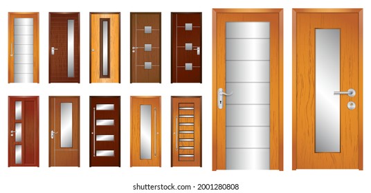 Set Of Realistic Wooden Door Isolated Or Modern Wooden Door Style For Home, Office Or Apartment Or Realistic Luxury Doors In Various Style Concept. Eps Vector