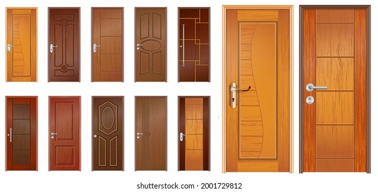 set of realistic wooden door isolated or indonesian traditional door style for home, office or apartment or realistic luxury doors in vintage style concept. eps vector