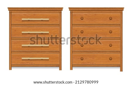 set of realistic wooden drawer or brown chest of drawer isolated or wooden retro cabinet drawer. eps vector