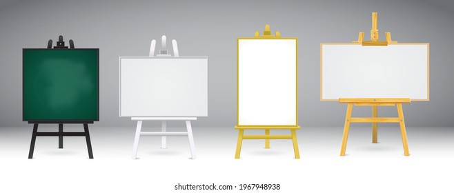 set of realistic wooden easel or wood easels painting or art boards 
canvas in different size dimension vertical and horizontal or mock up 
canvas painting concept. eps vector